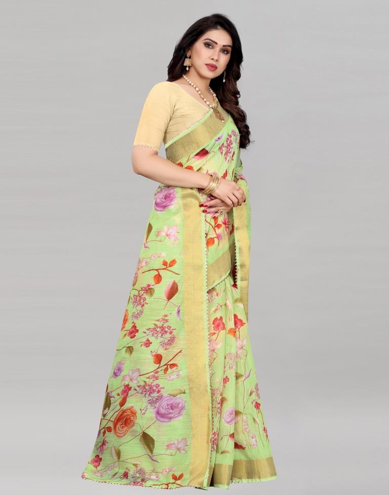 Blooming Lime Green Cotton Saree | Sudathi