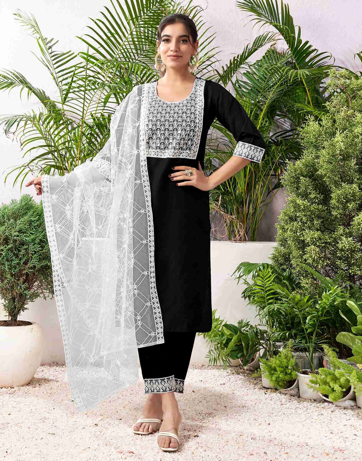 Black Cotton Embroidery Straight Kurta Set With Dupatta