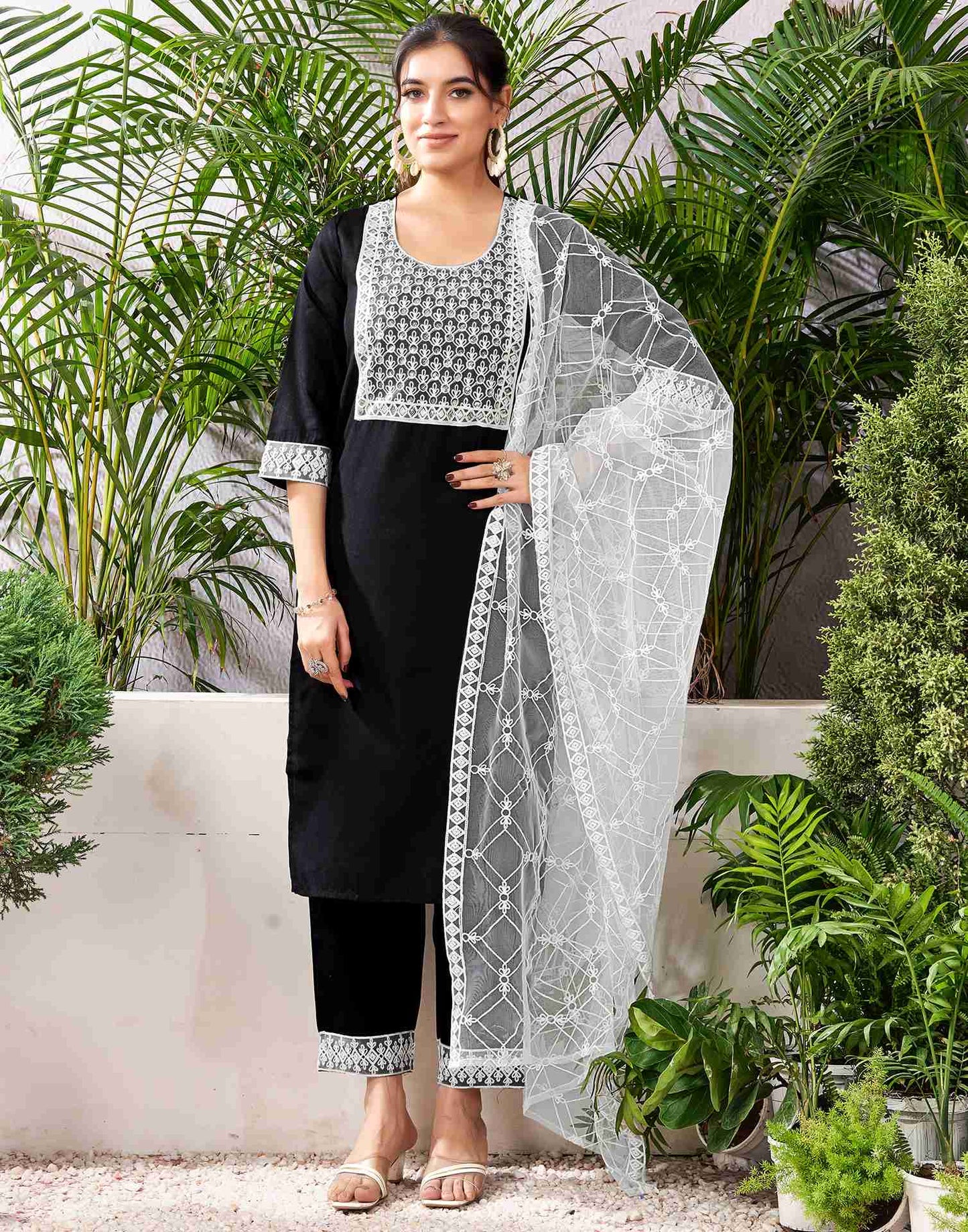 Black Cotton Embroidery Straight Kurta Set With Dupatta