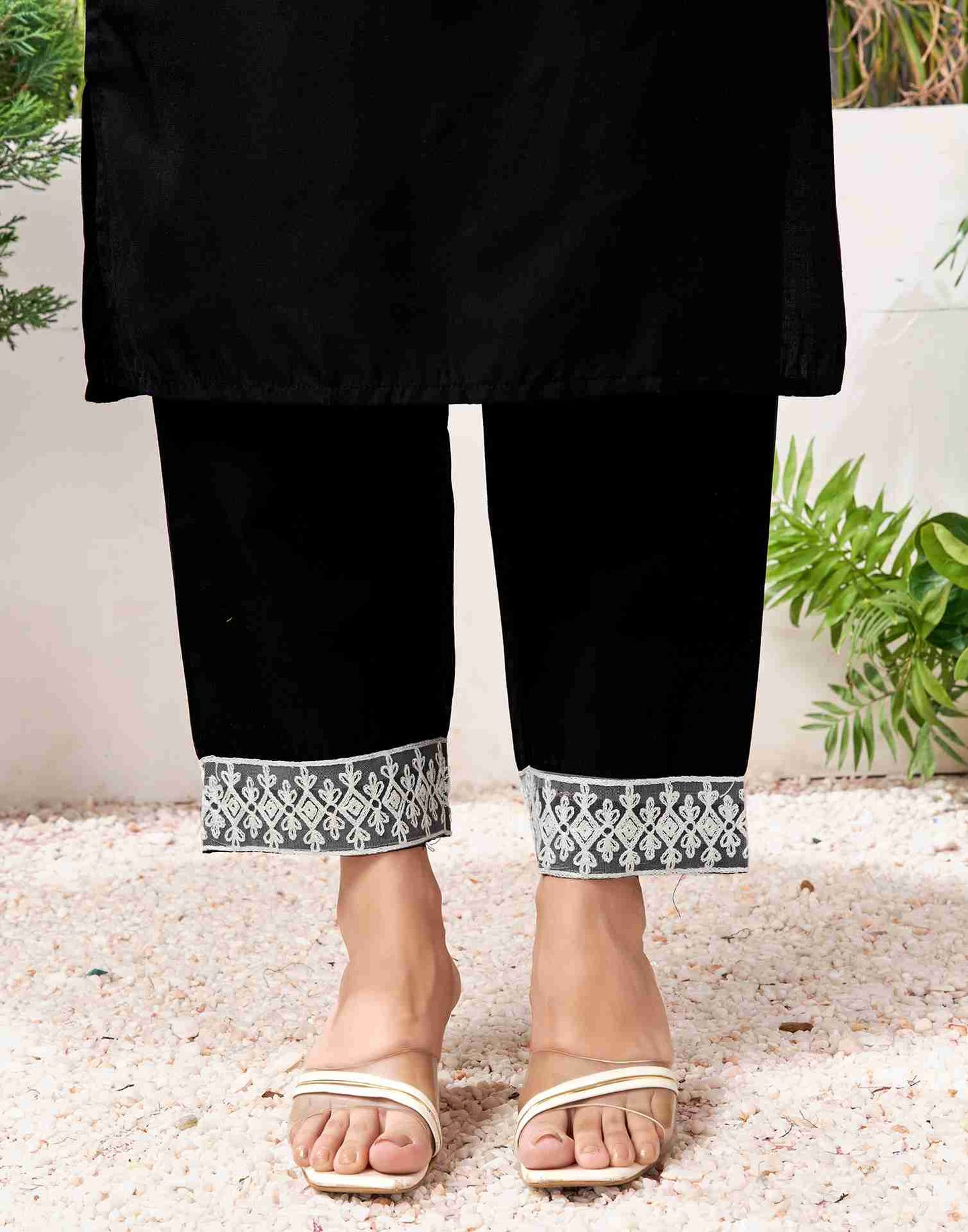 Black Cotton Embroidery Straight Kurta Set With Dupatta