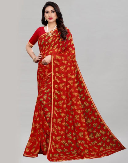 Sleek Red Printed Saree | Sudathi