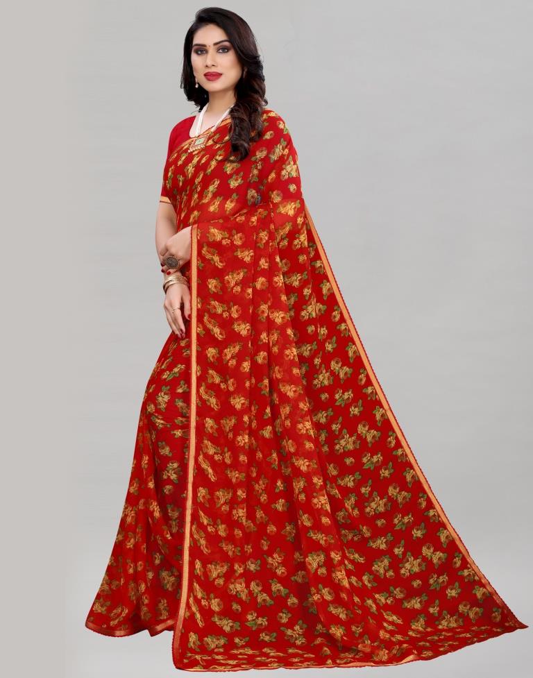 Sleek Red Printed Saree | Sudathi