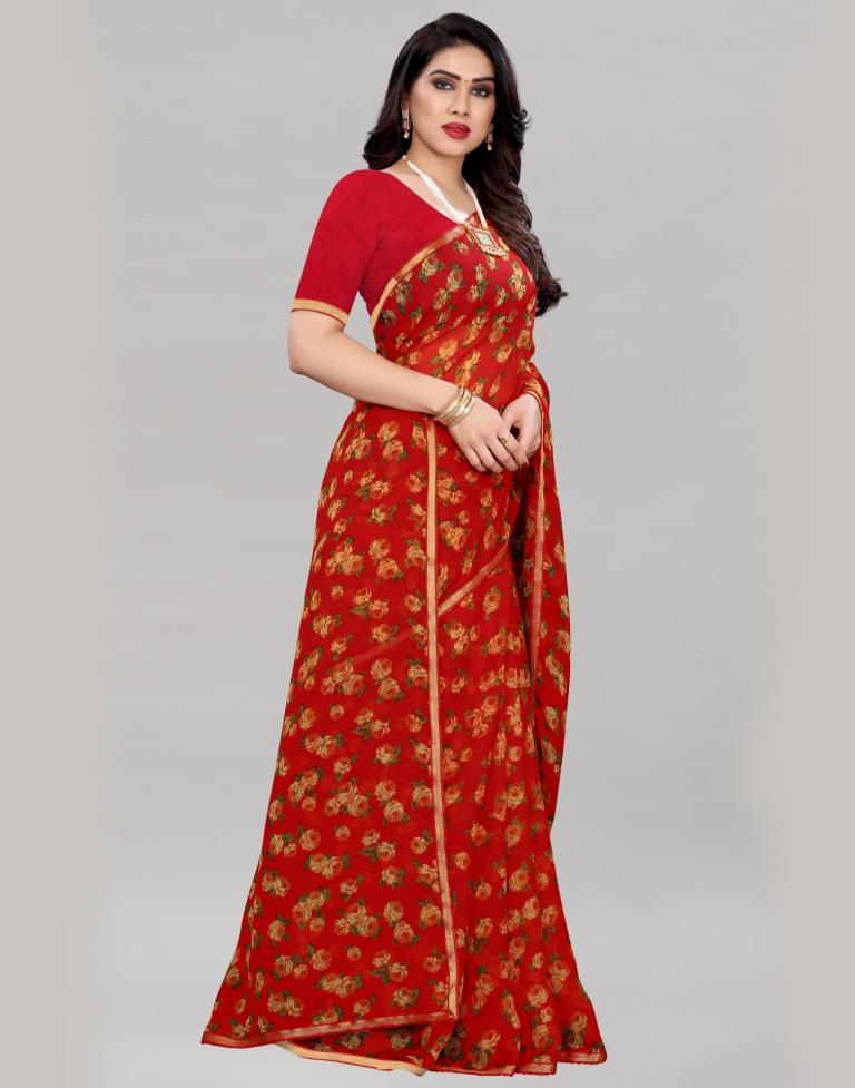 Sleek Red Printed Saree | Sudathi