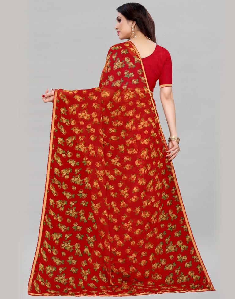 Sleek Red Printed Saree | Sudathi