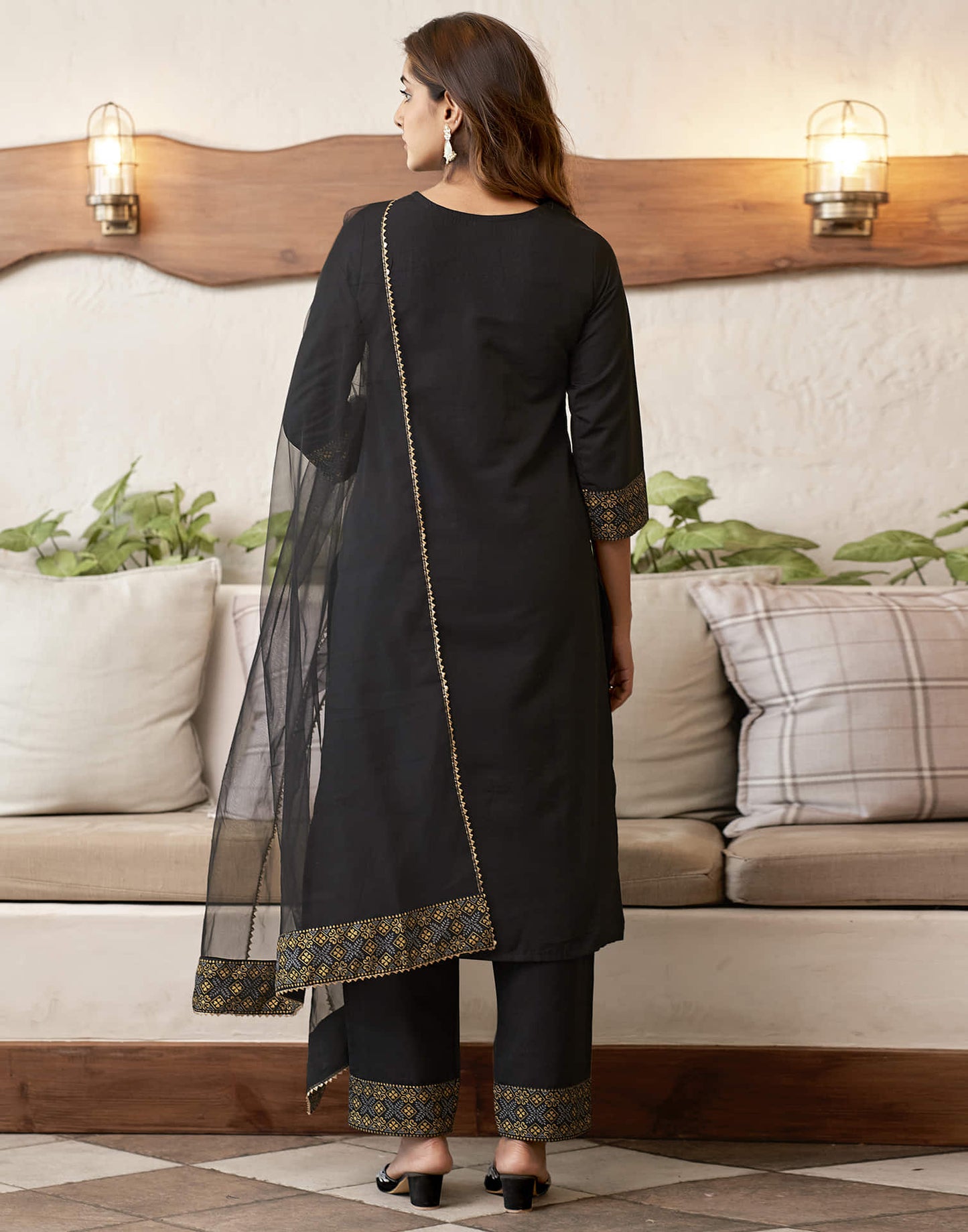 Black Embroidery Cotton Straight Kurta With Pant And Dupatta