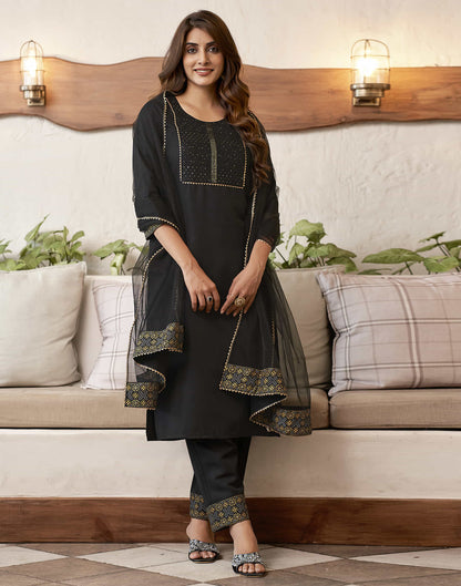 Black Embroidery Cotton Straight Kurta With Pant And Dupatta