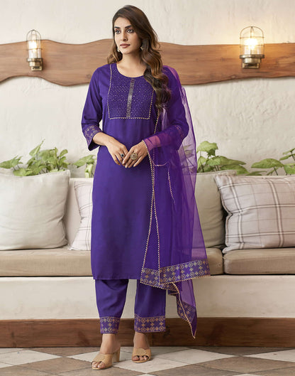 Violet Embroidery Cotton Straight Kurta With Pant And Dupatta