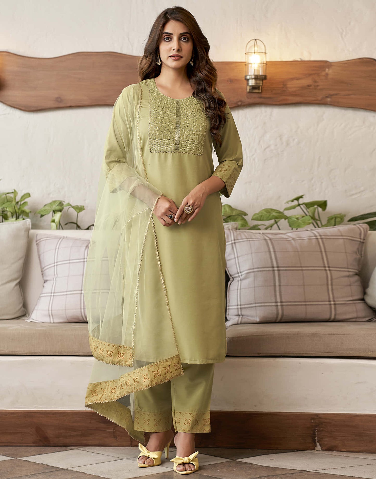 Khaki Embroidery Cotton Straight Kurta With Pant And Dupatta