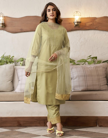 Khaki Embroidery Cotton Straight Kurta With Pant And Dupatta