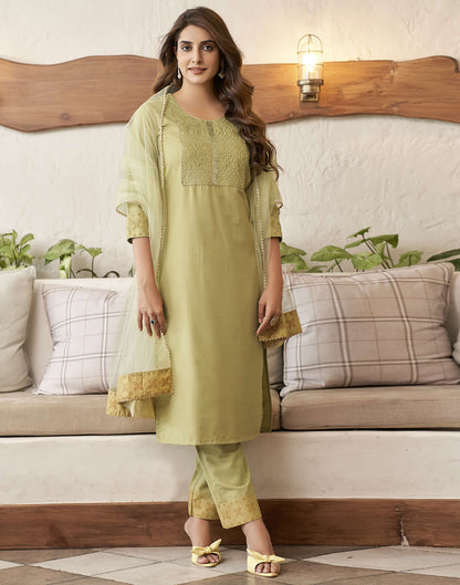 Khaki Embroidery Cotton Straight Kurta With Pant And Dupatta