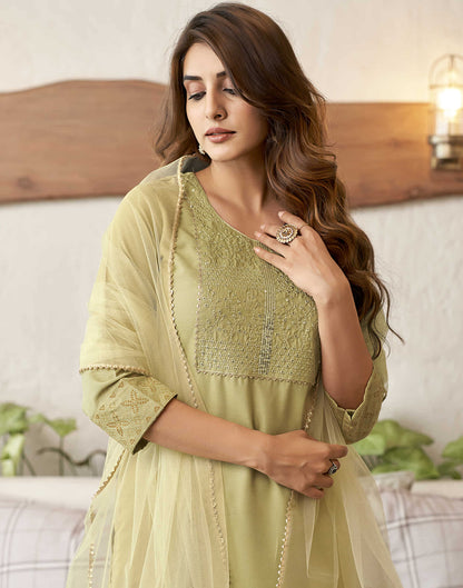 Khaki Embroidery Cotton Straight Kurta With Pant And Dupatta