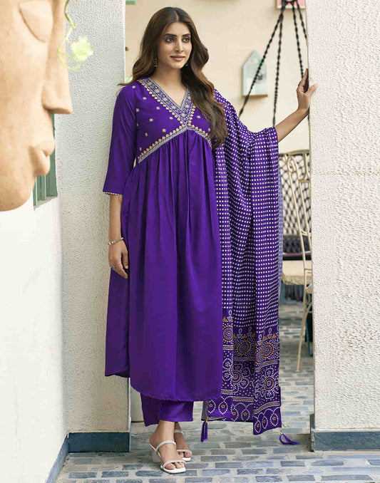 Violet Embroidery Cotton Flared Kurta With Pant And Dupatta