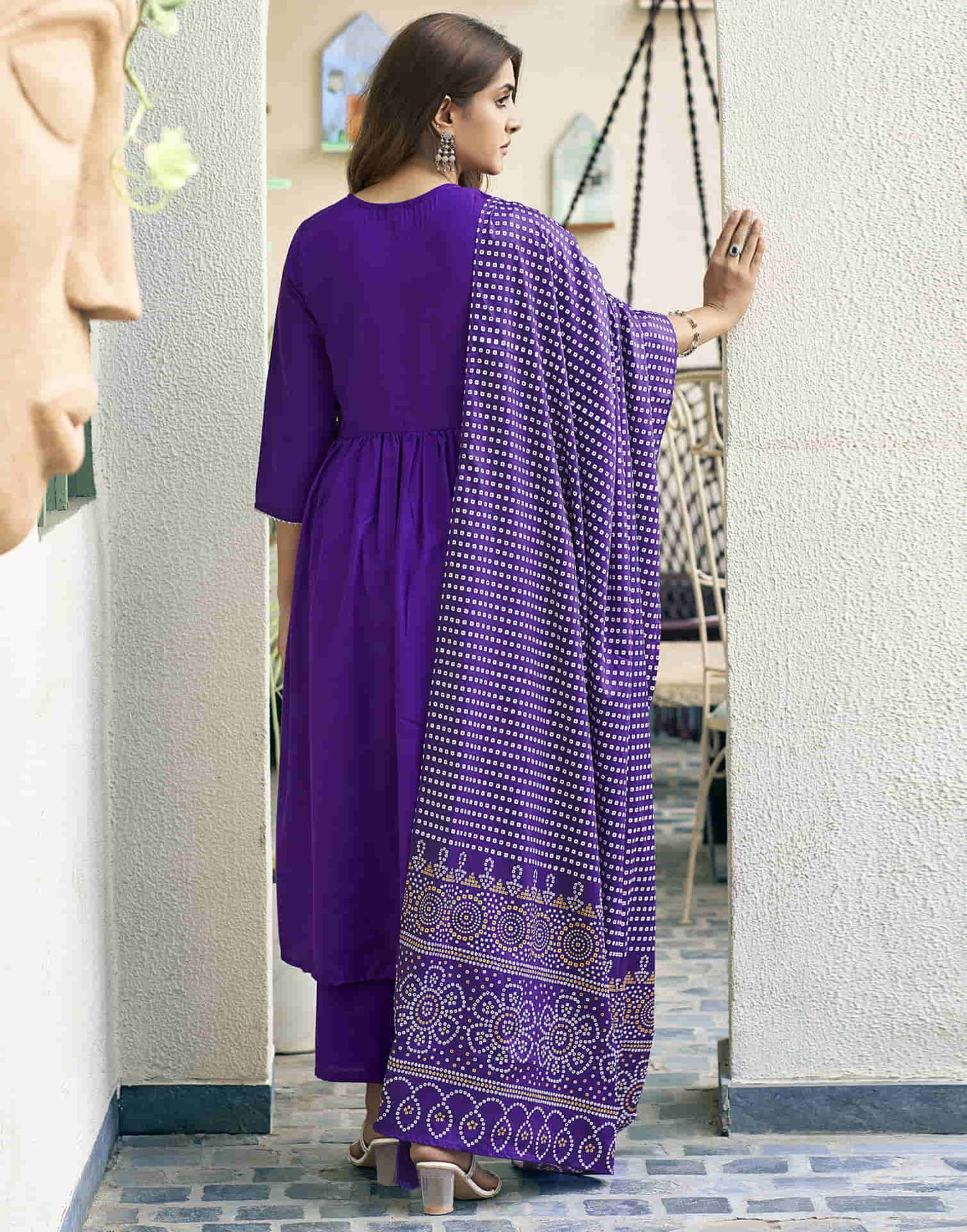 Violet Embroidery Cotton Flared Kurta With Pant And Dupatta