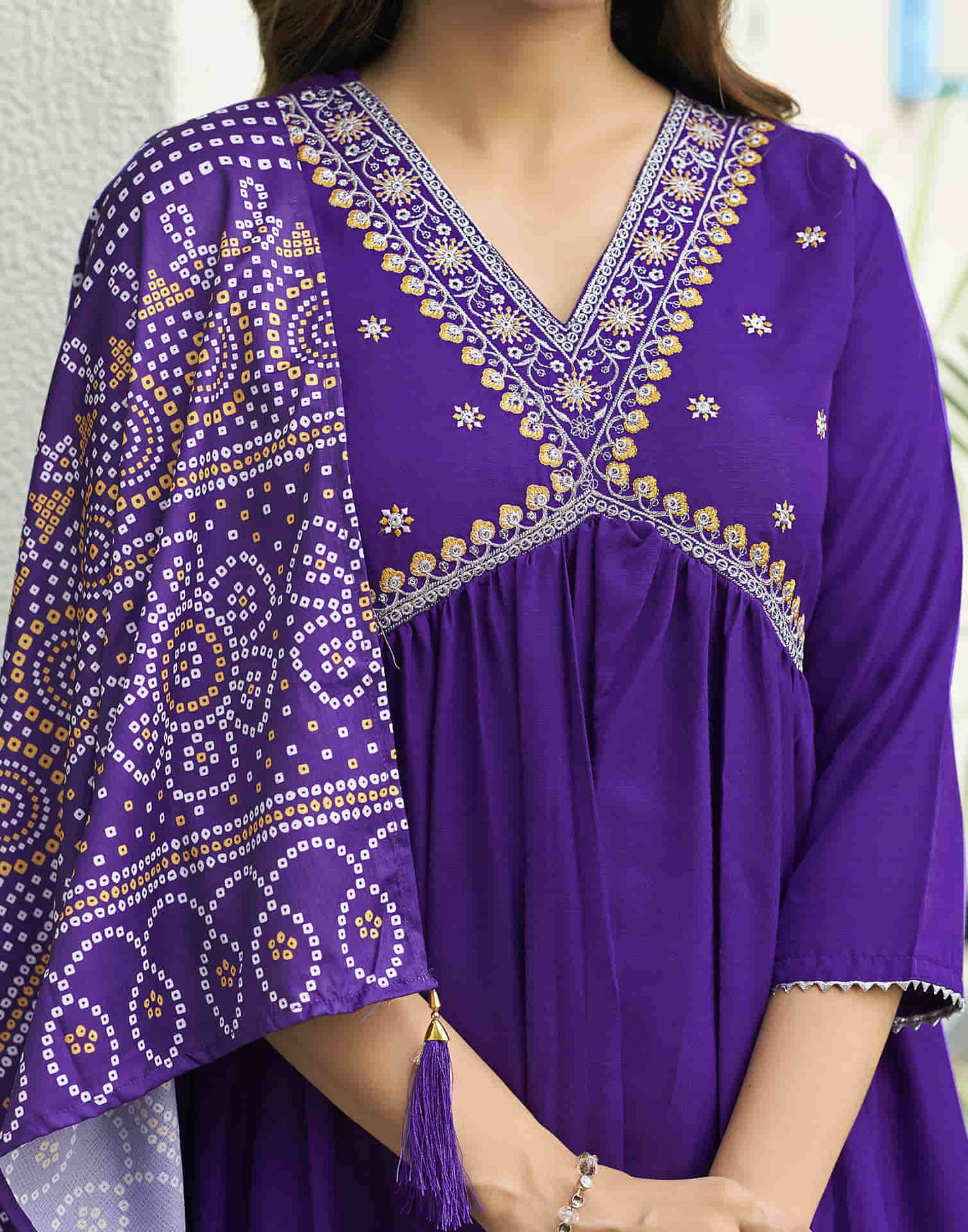 Violet Embroidery Cotton Flared Kurta With Pant And Dupatta