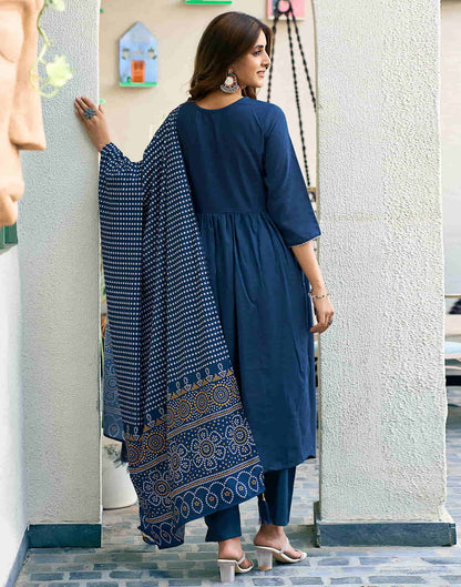 Teal Blue Embroidery Cotton Flared Kurta With Pant And Dupatta