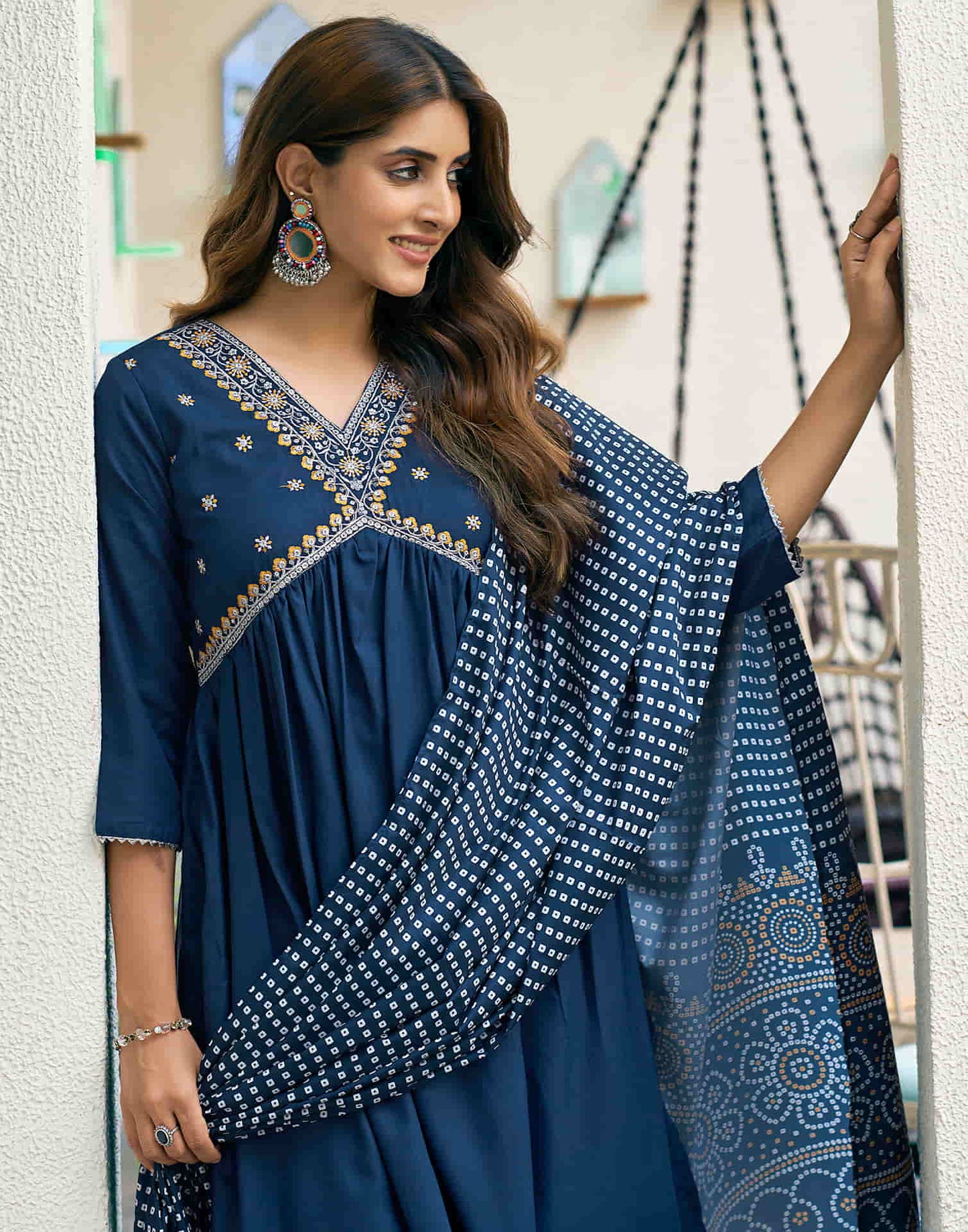 Teal Blue Embroidery Cotton Flared Kurta With Pant And Dupatta