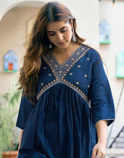 Teal Blue Embroidery Cotton Flared Kurta With Pant And Dupatta