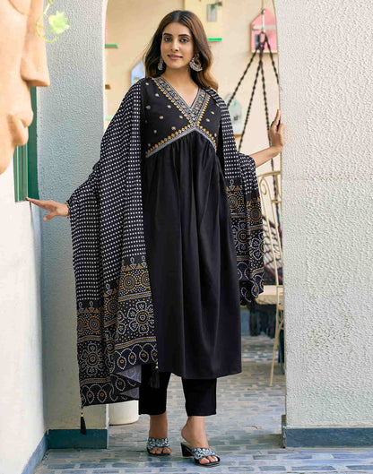 Black Embroidery Cotton Flared Kurta With Pant And Dupatta