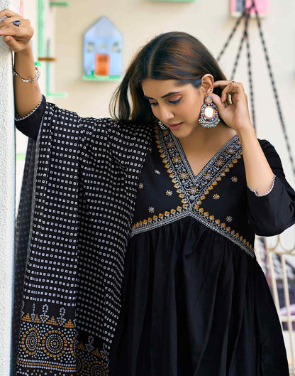 Black Embroidery Cotton Flared Kurta With Pant And Dupatta