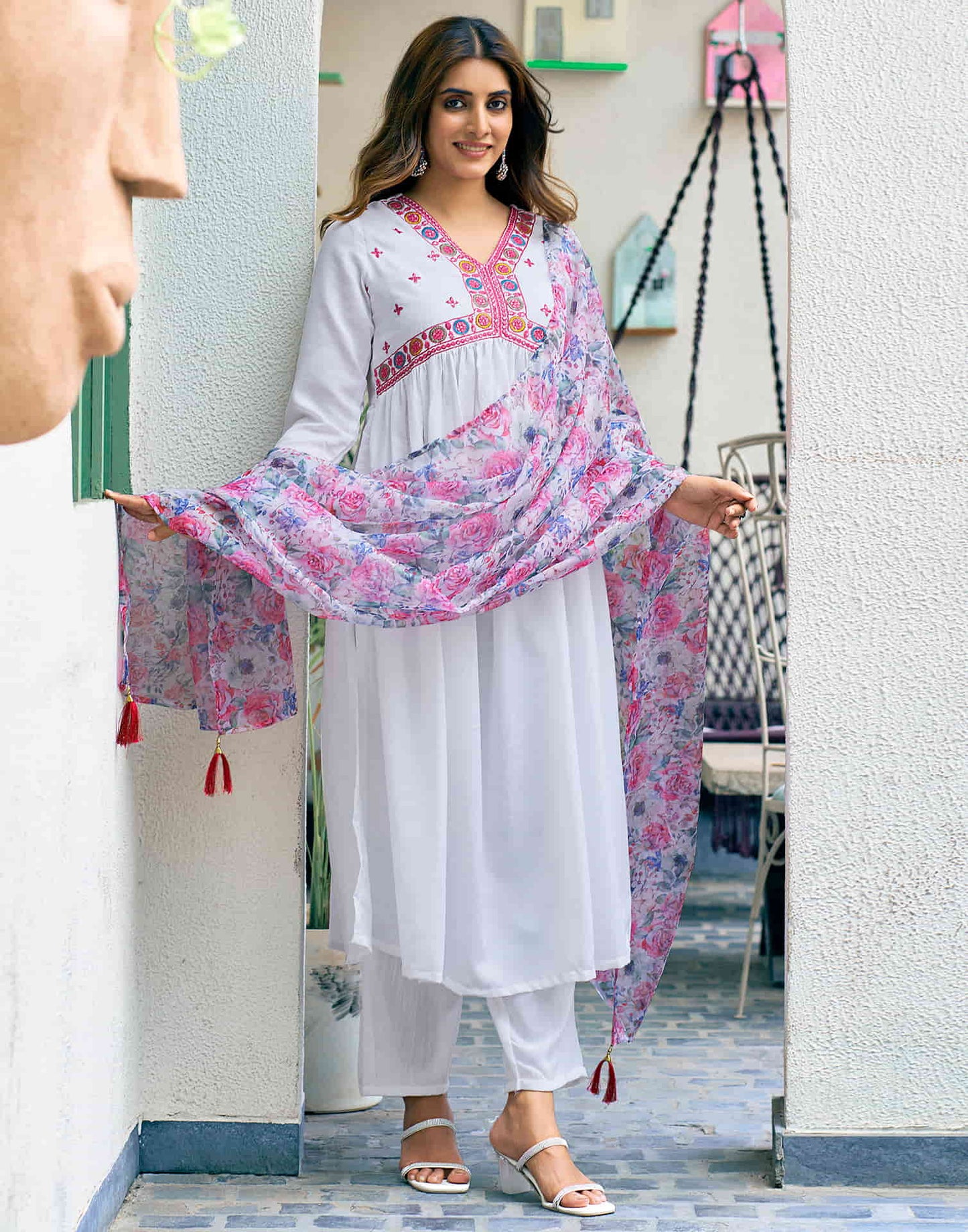 White Embroidery Cotton Flared Kurta With Pant And Dupatta