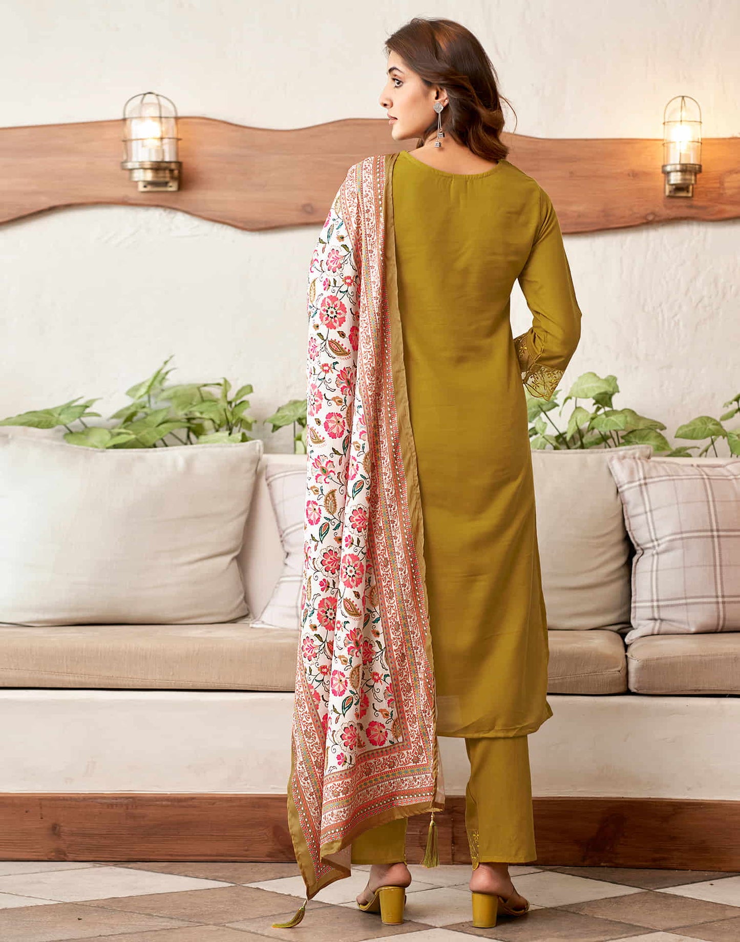 Mustard Yellow Embroidery Cotton Straight Kurta With Pant And Dupatta