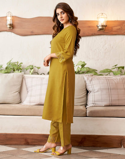 Mustard Yellow Embroidery Cotton Straight Kurta With Pant And Dupatta