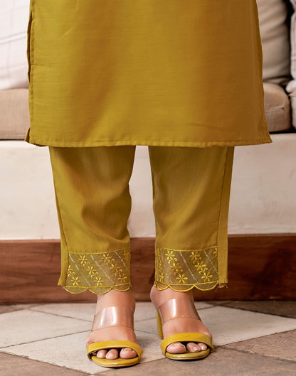 Mustard Yellow Embroidery Cotton Straight Kurta With Pant And Dupatta