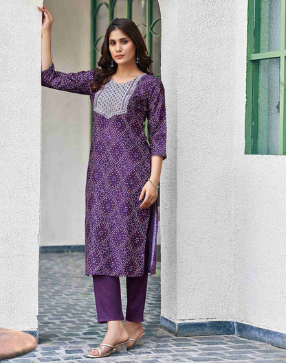 Dark Purple Embroidery Silk Straight Kurta Set With Dupatta