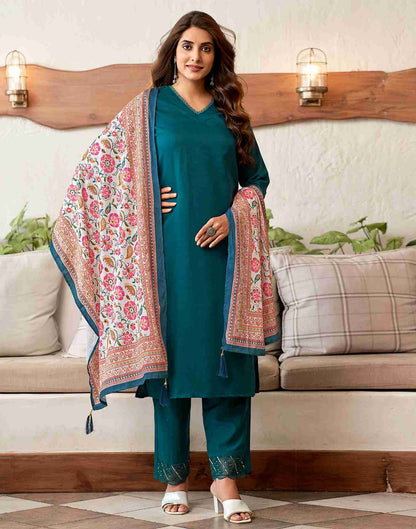 Rama Blue Cotton Embroidery Straight Kurta Set With Dupatta