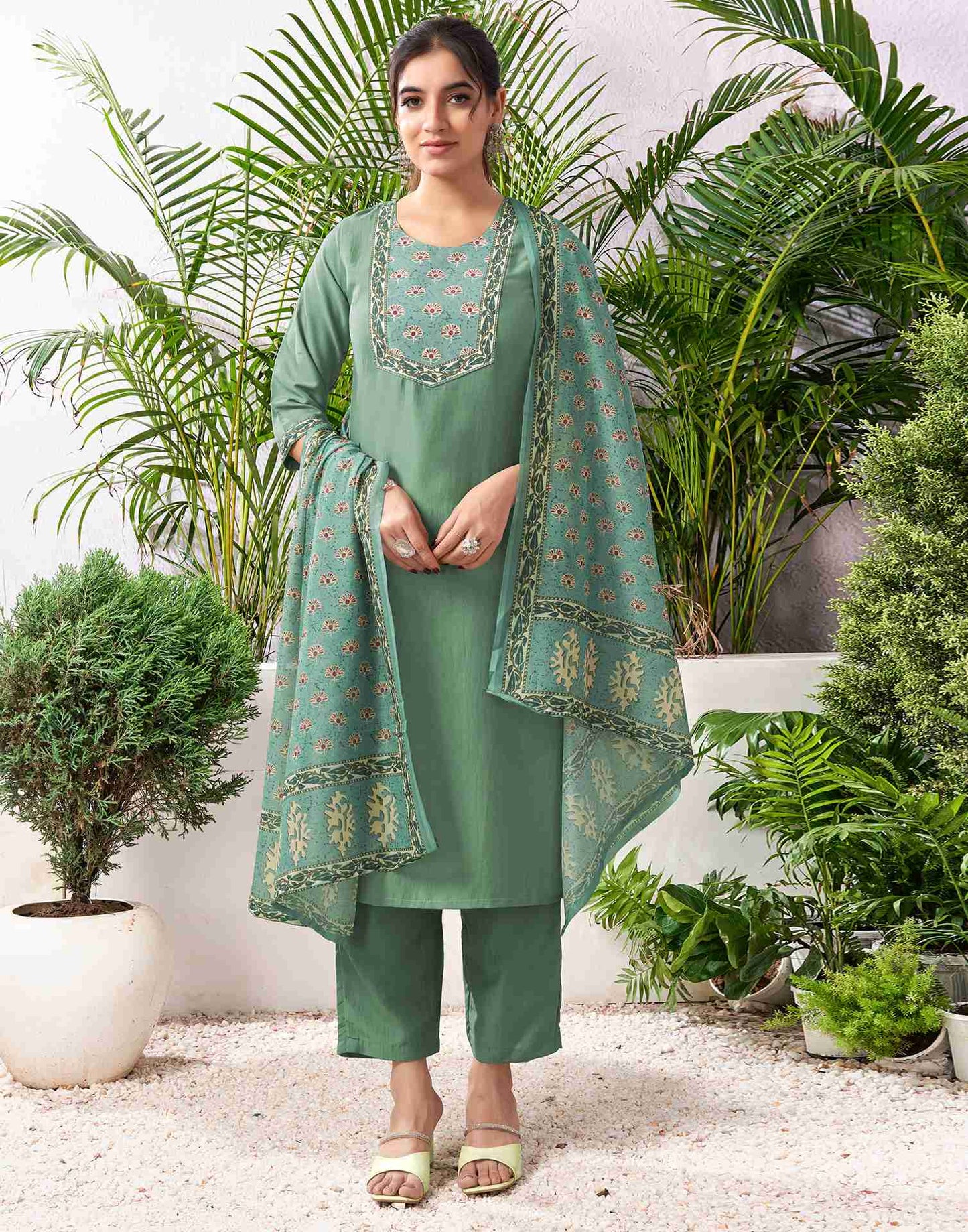 Pista Green Chinnon Printed Straight Kurta Set With Dupatta