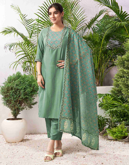 Pista Green Chinnon Printed Straight Kurta Set With Dupatta