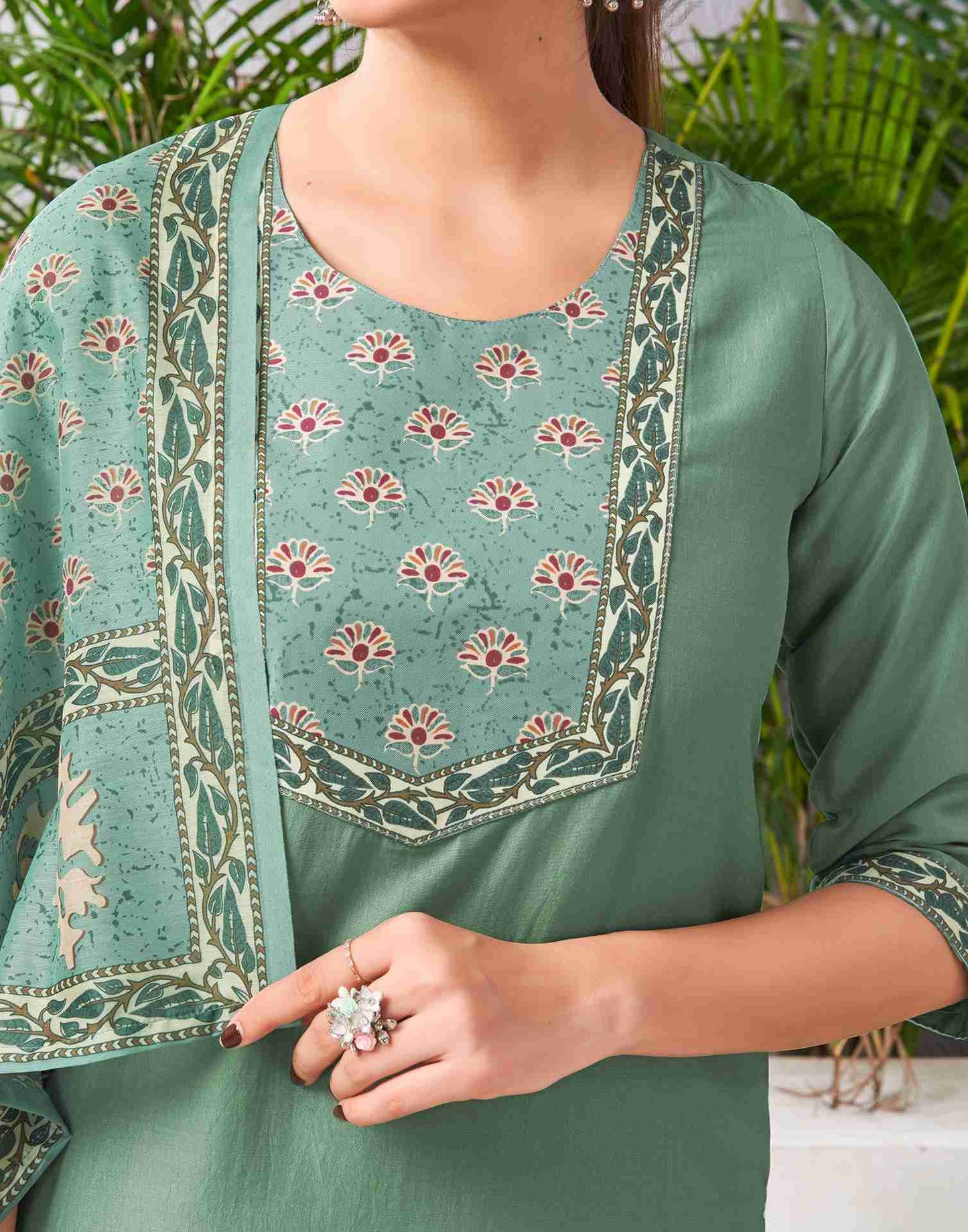 Pista Green Chinnon Printed Straight Kurta Set With Dupatta