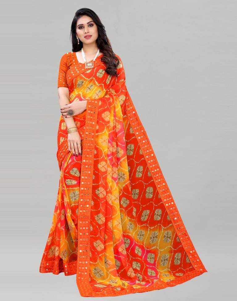 Orange Bandhani Printed Saree | Sudathi