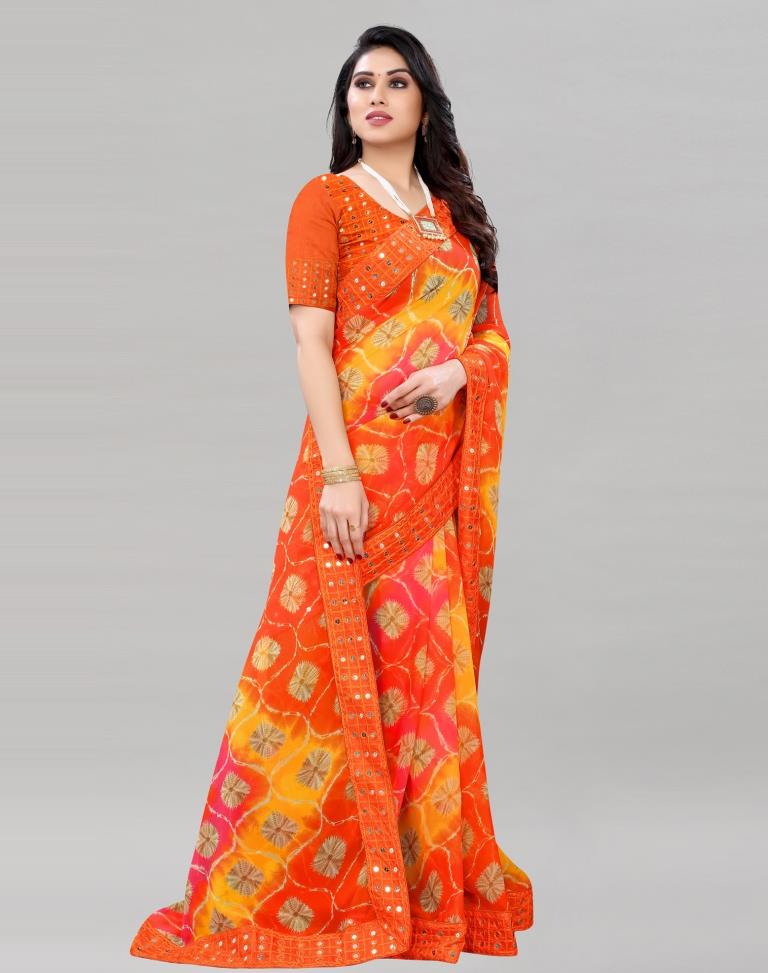 Orange Bandhani Printed Saree | Sudathi