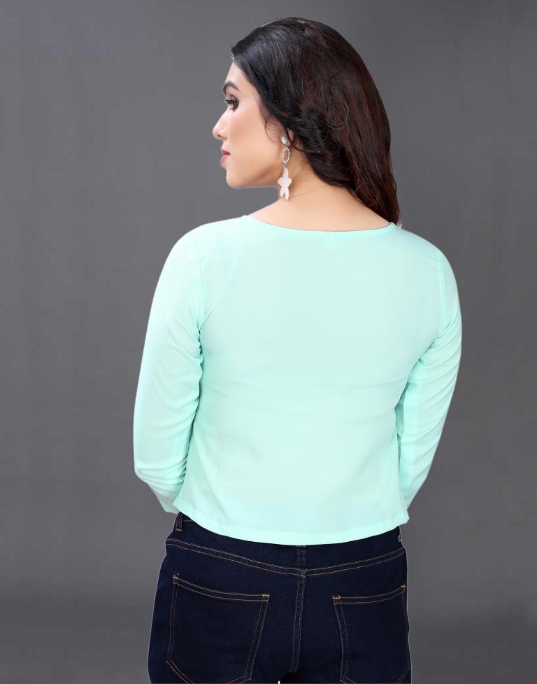 Aqua Blue Coloured Embroidered Crepe Crop Top | Leemboodi