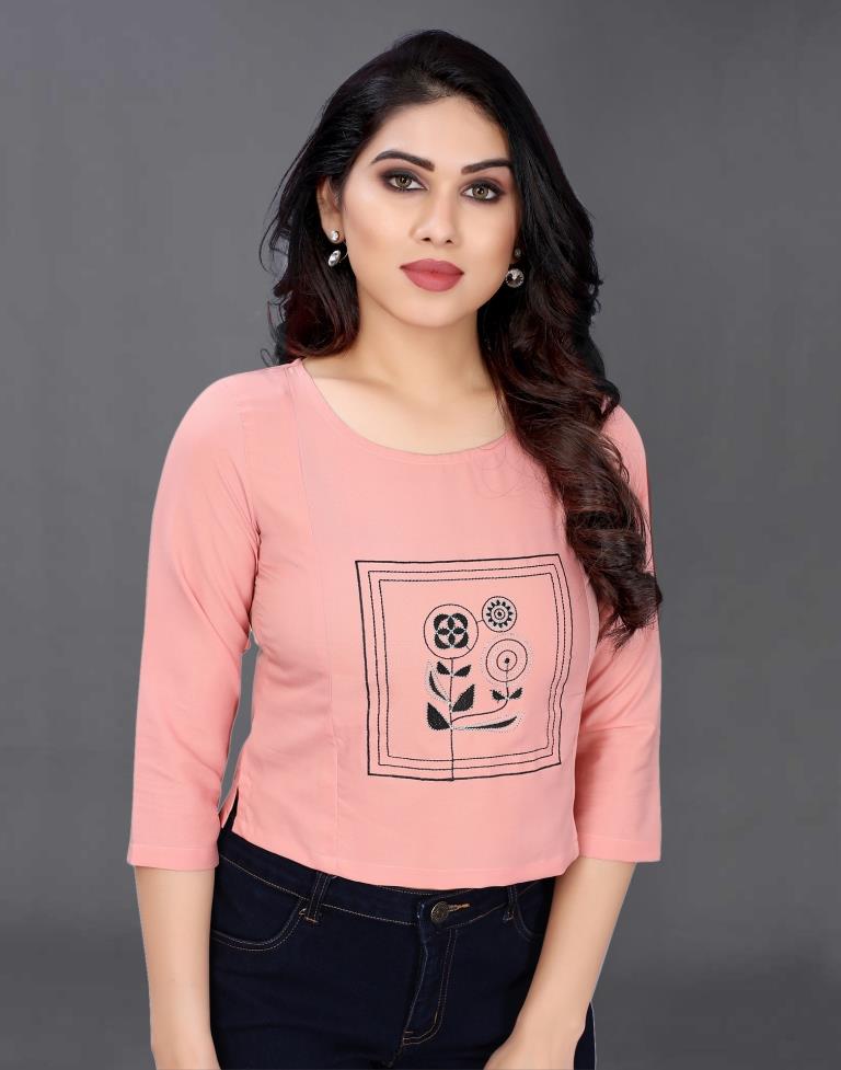 Rose Pink Coloured Embroidered Crepe Crop Top | Sudathi