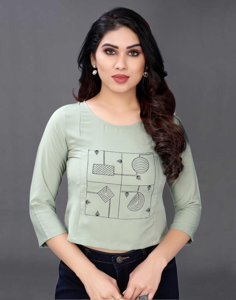 Dusty Green Coloured Embroidered Crepe Crop Top | Leemboodi