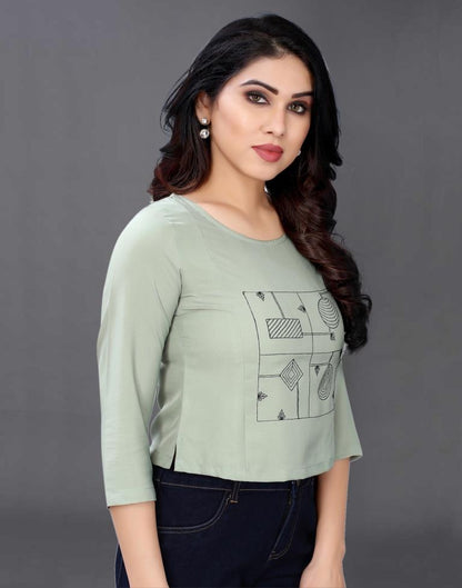 Dusty Green Coloured Embroidered Crepe Crop Top | Leemboodi