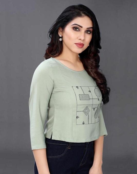 Dusty Green Coloured Embroidered Crepe Crop Top | Leemboodi