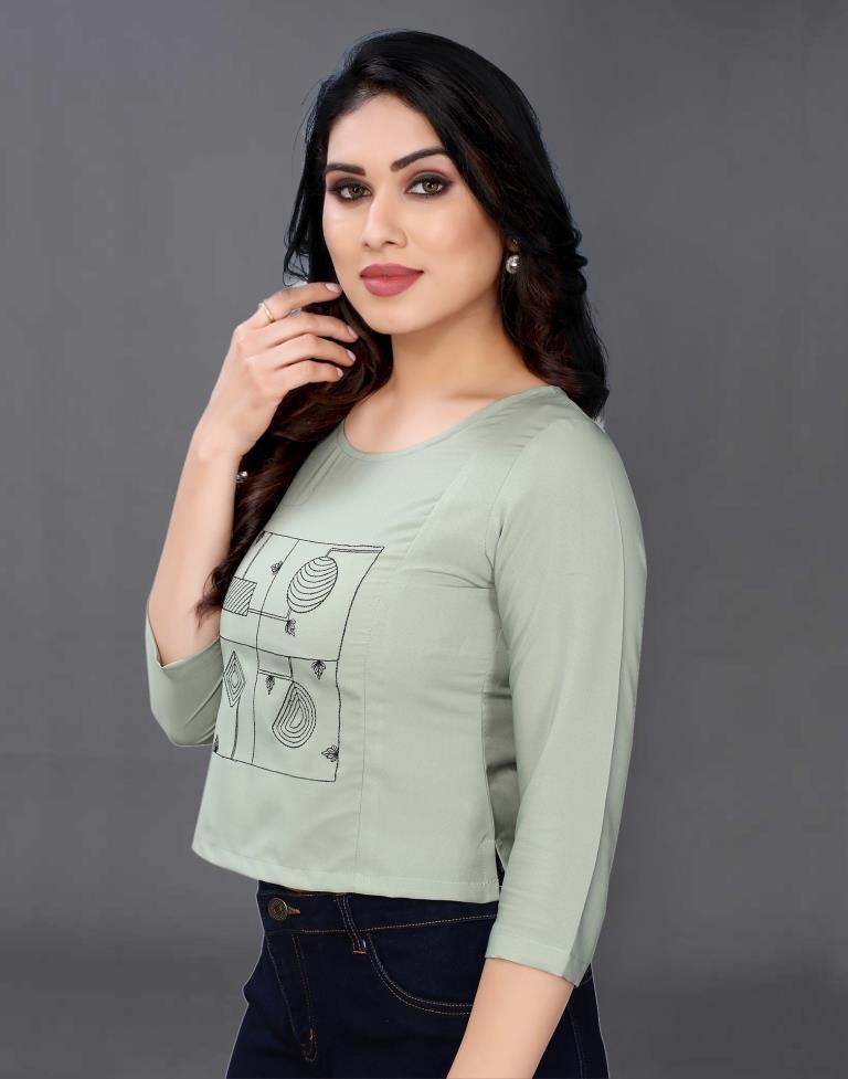 Dusty Green Coloured Embroidered Crepe Crop Top | Leemboodi