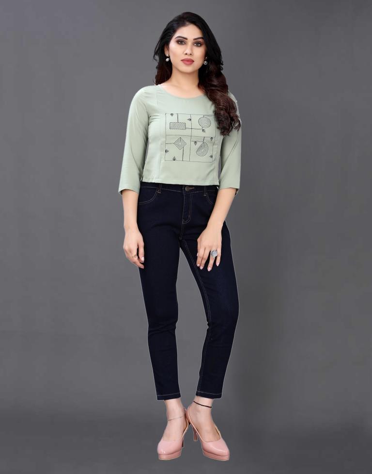 Dusty Green Coloured Embroidered Crepe Crop Top | Leemboodi