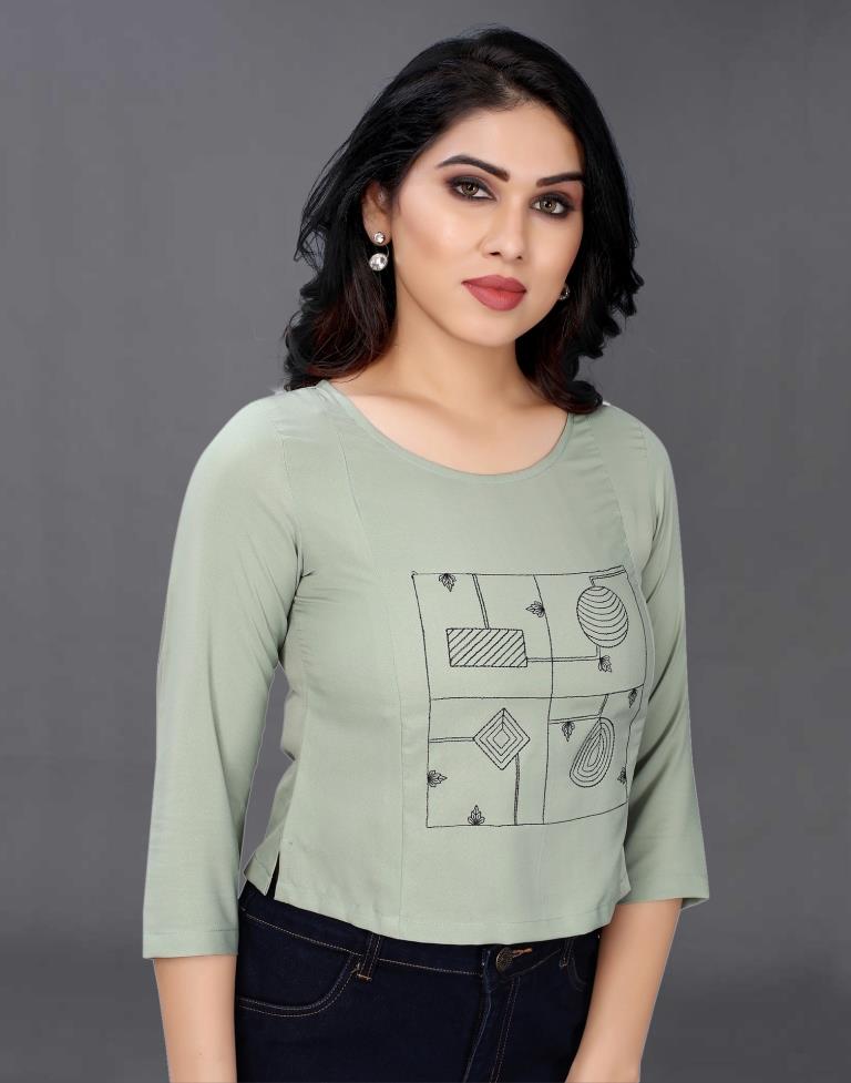 Dusty Green Coloured Embroidered Crepe Crop Top | Leemboodi