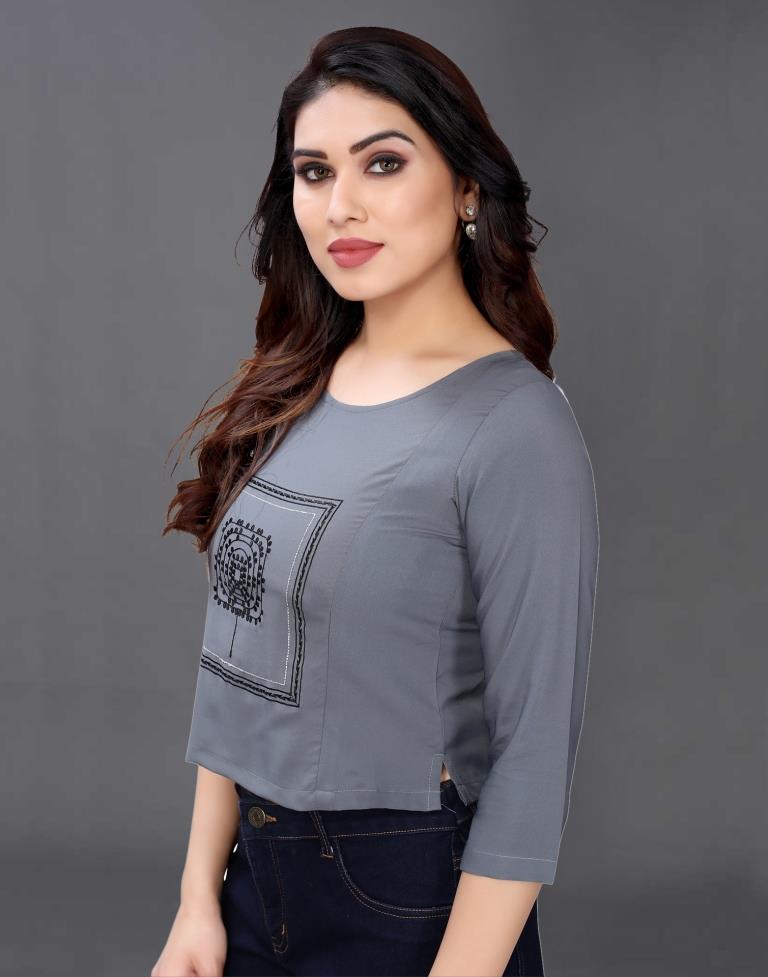 Grey Coloured Embroidered Crepe Crop Top | Sudathi