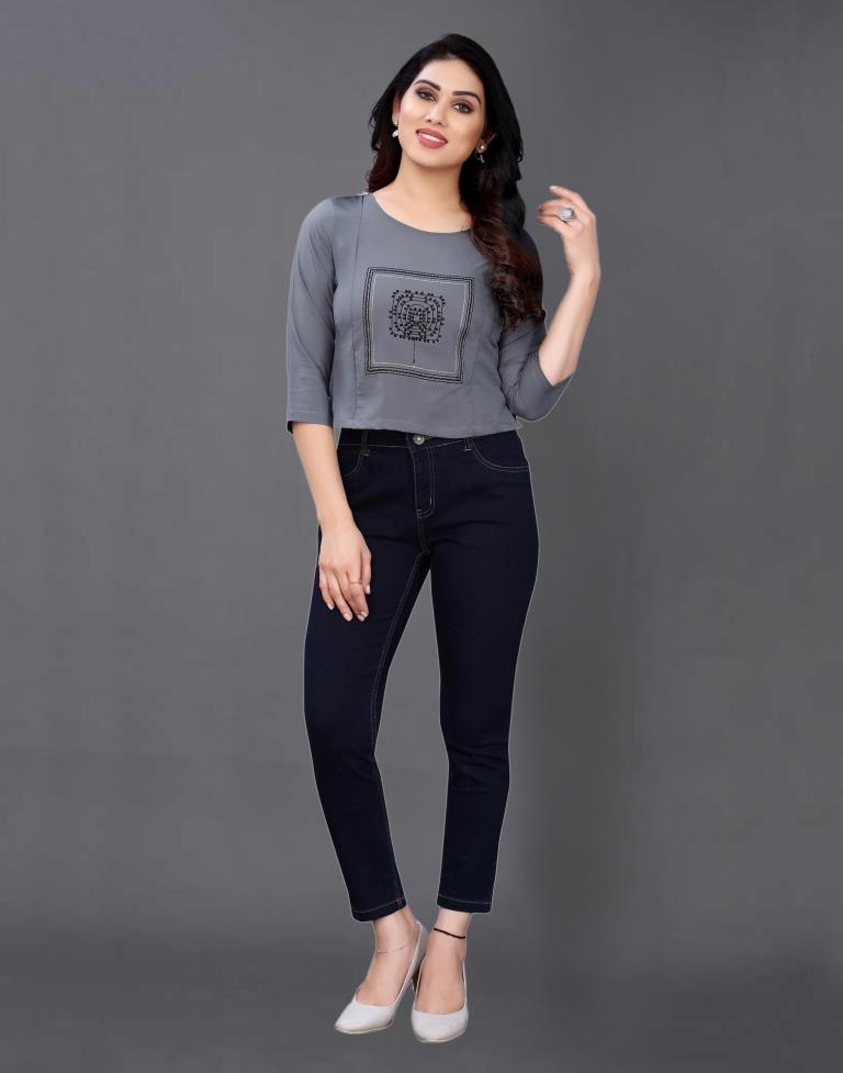 Grey Coloured Embroidered Crepe Crop Top | Sudathi