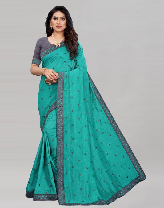 Pine Green Coloured Poly Silk Embroidered Partywear saree | Sudathi