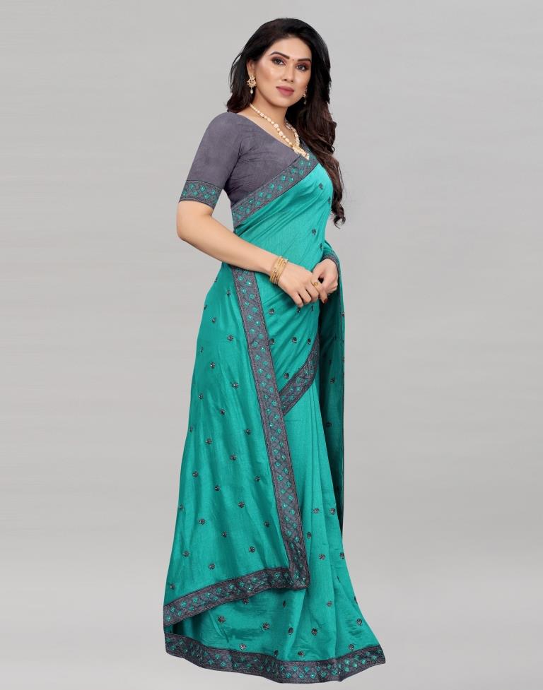 Pine Green Coloured Poly Silk Embroidered Partywear saree | Sudathi