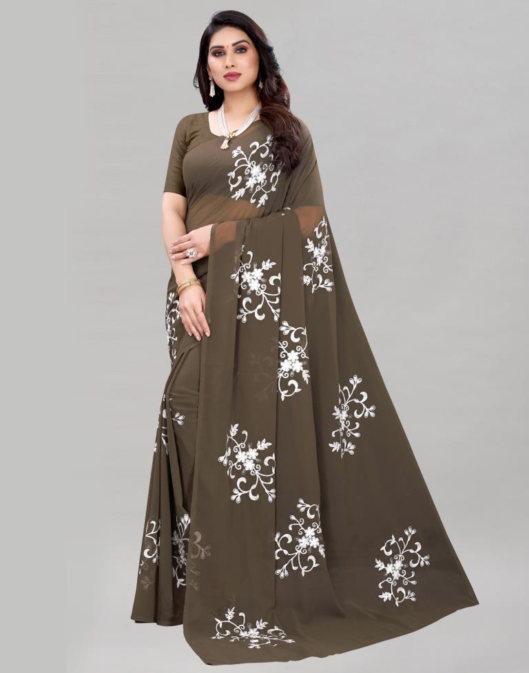 Coffee Brown Coloured Georgette Embroidered Partywear saree | Sudathi