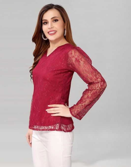 Maroon coloured Dyed Net Top | Sudathi
