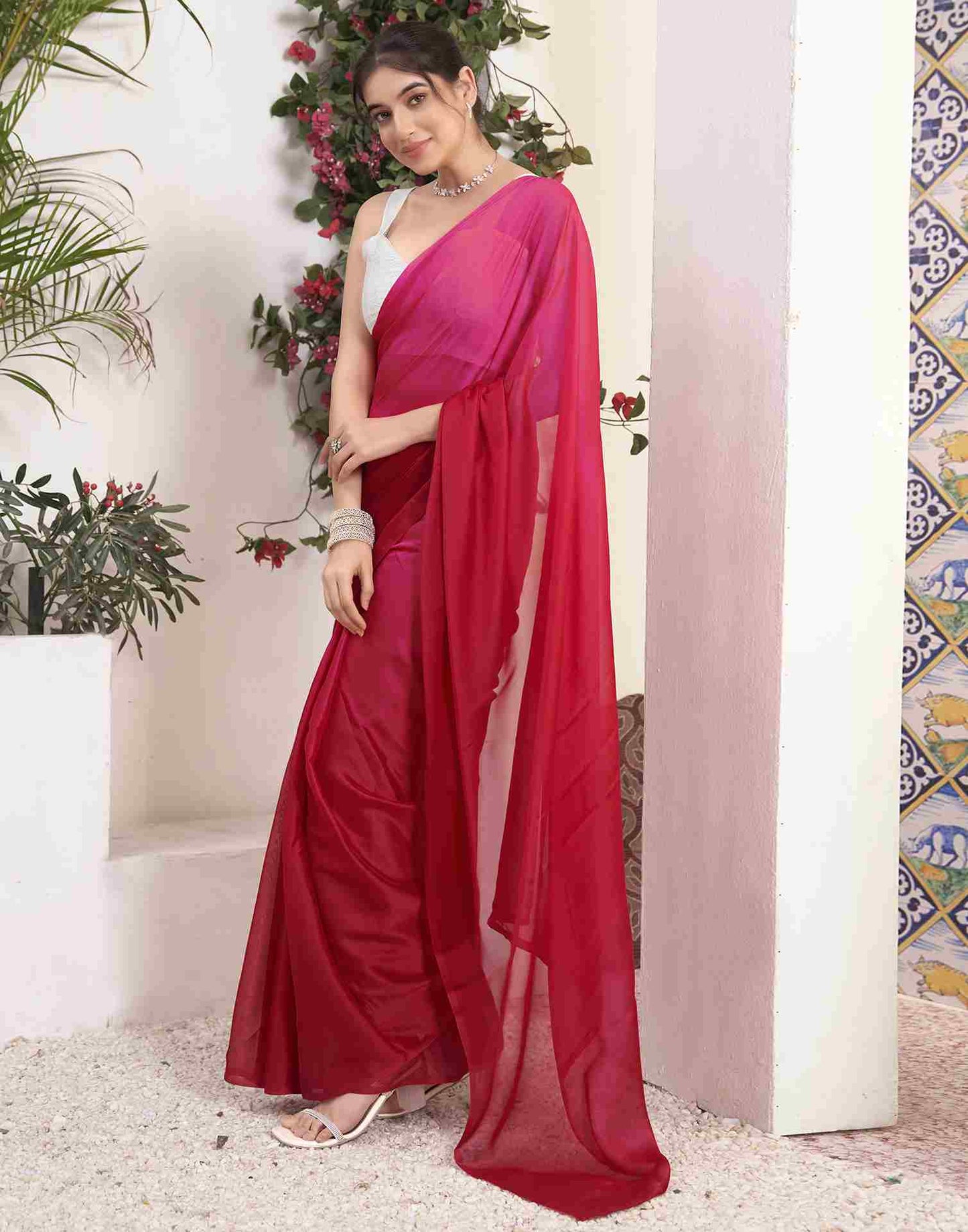 Ready To Wear Red Georgette Plain Saree