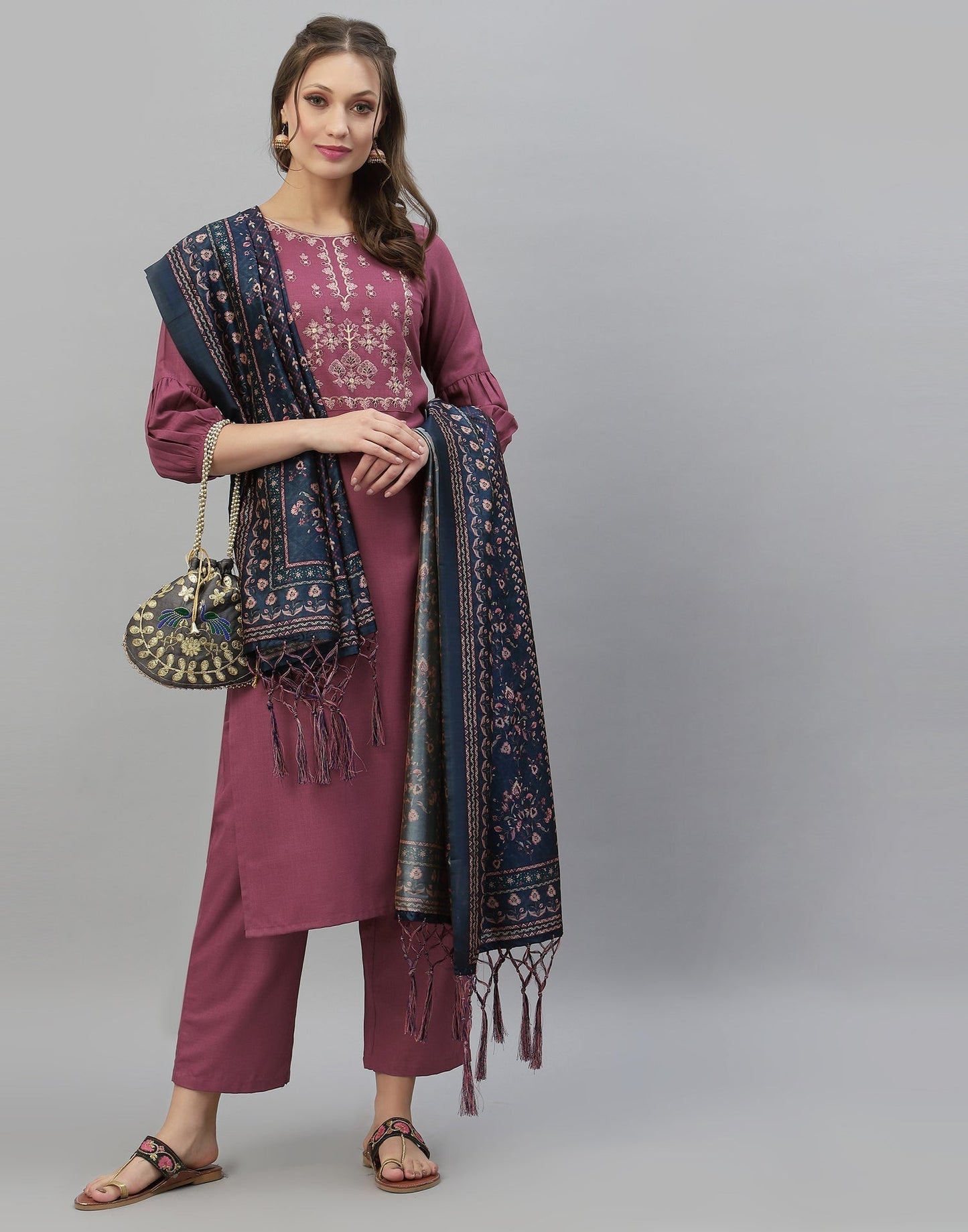 Onion Pink Kurti With Pant And Dupatta | Leemboodi